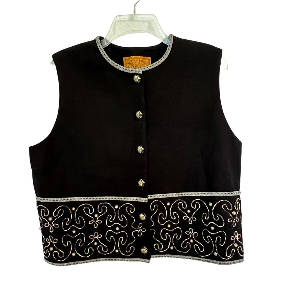 Double D Ranch Wear Wool Vest Embellished Embroidered Stitched Silver Studded